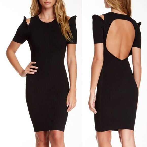 Stella & Jamie structured cold shoulder open back modern black cocktail dress. - Picture 1 of 5